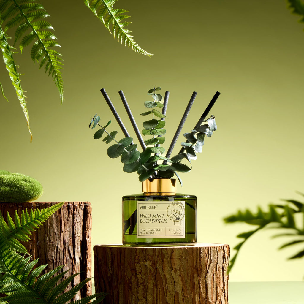 Reed Diffuser Set with 6.76 fl oz Wild Mint & Eucalyptus Scent Essential Oils and 3 Leaves & 8 Diffuser