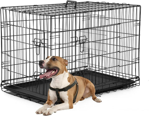 Dog Crate Dog Kennel Cage with Double Door,36 inch Folding Metal Wire Dog Cage with Removable Tray&Divider Panel,Pet