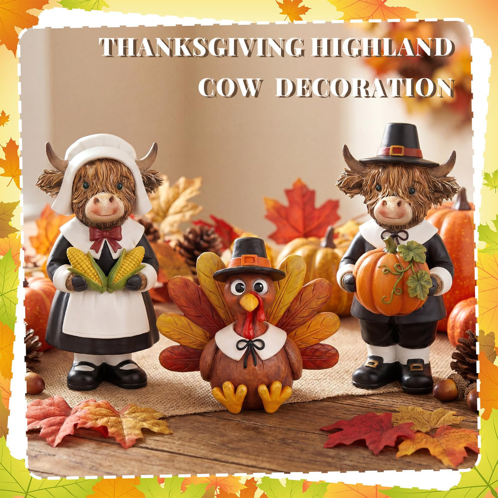 3 Pcs Thanksgiving Highland Cow Figurines, Resin Table Decor