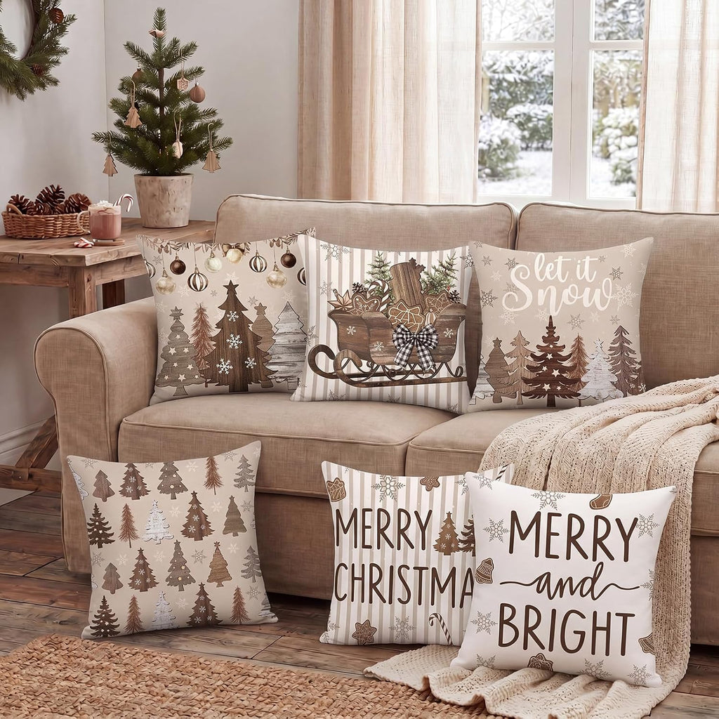 Set Neutral Christmas Pillow Cover 18 x 18 Brown Pillow Case - Set of 6