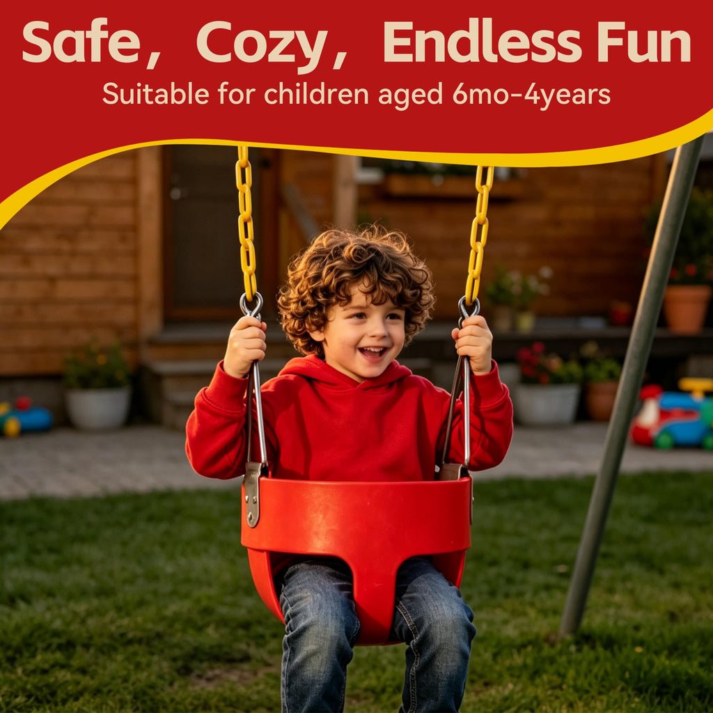 High Back Full Bucket Toddler Swing Seat with Finger Grip, Plastic Coated Chains and Carabiners for Easy Install
