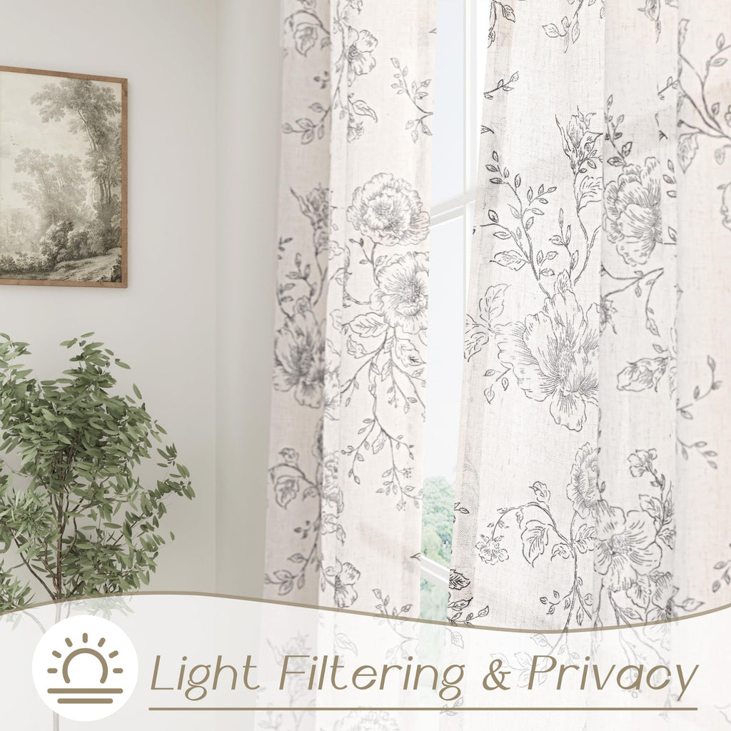 Vintage Floral Curtains 96 inches Long Botanical Patterned Curtains Sketch Print Burlap Textured Farmhouse Country