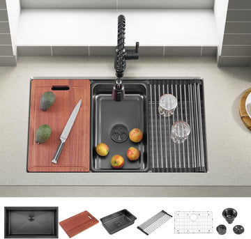 32 Inch Black Workstation Undermount Large Single Bowl Kitchen Sink | 32x19 Inch, Nano Black Stainless steel