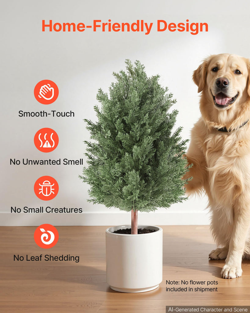 Artificial Topiary Cedar Bush 3 Ft Set of 2 Greenery Fake Shrubs, PE Faux Trees with Ground Spikes, Indoor & Outdoor
