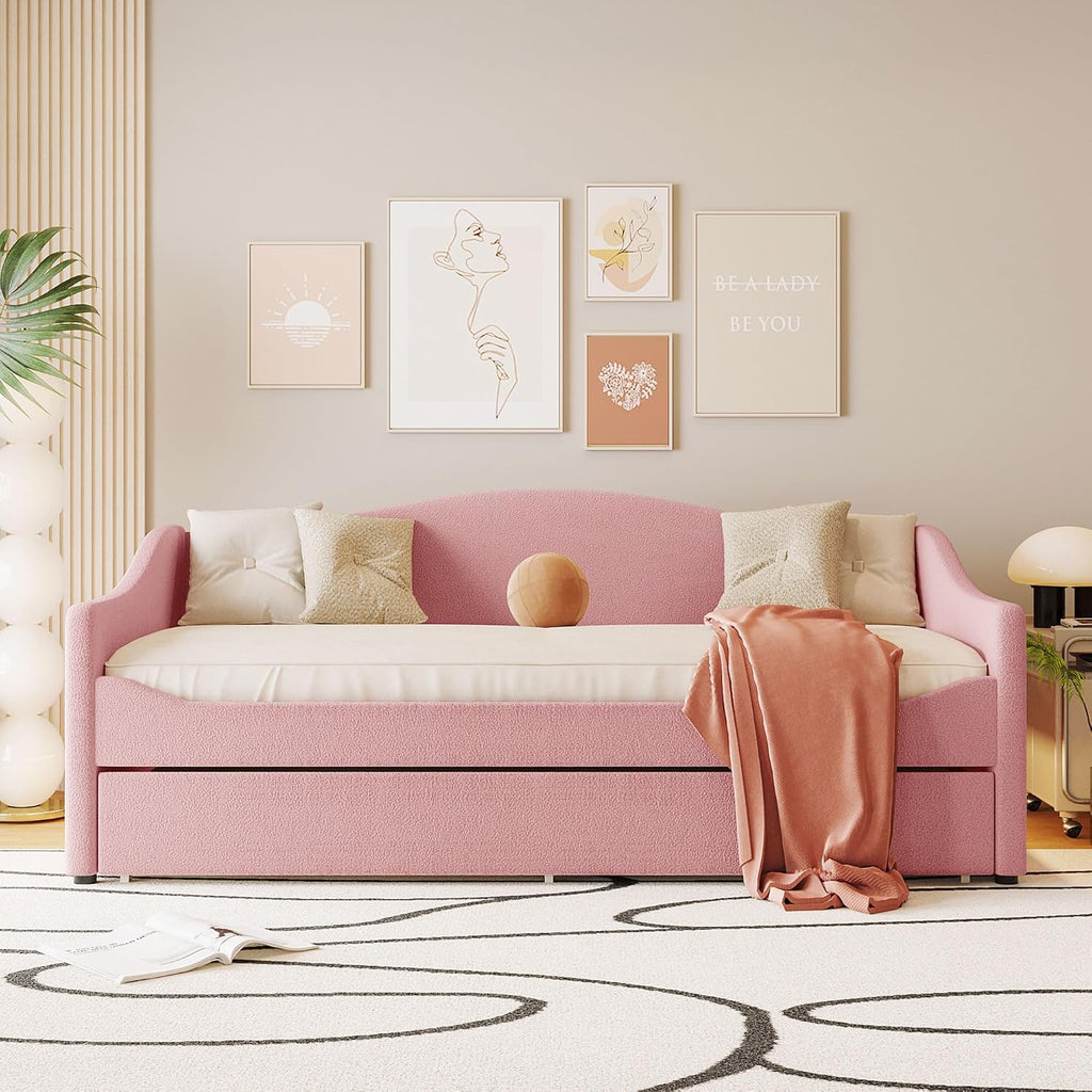 Full Size Upholstered Daybed with Trundle and LED Lights, Modern Wood Teddy Fleece Bed Frame with Slats Support and