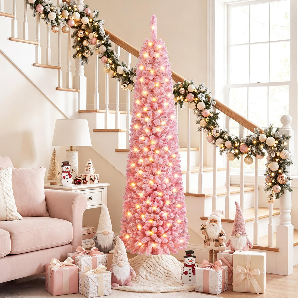 6 FT Pre-Lit Artificial Christmas Tree, Pink Slim Pencil Tree