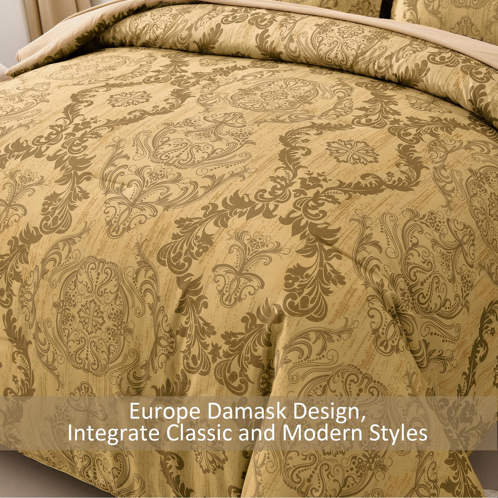 Gold Comforter Set King Size, Damask Texture Design 7 Pieces Bed in a Bag Microfiber Comforter Bedding Sets -1