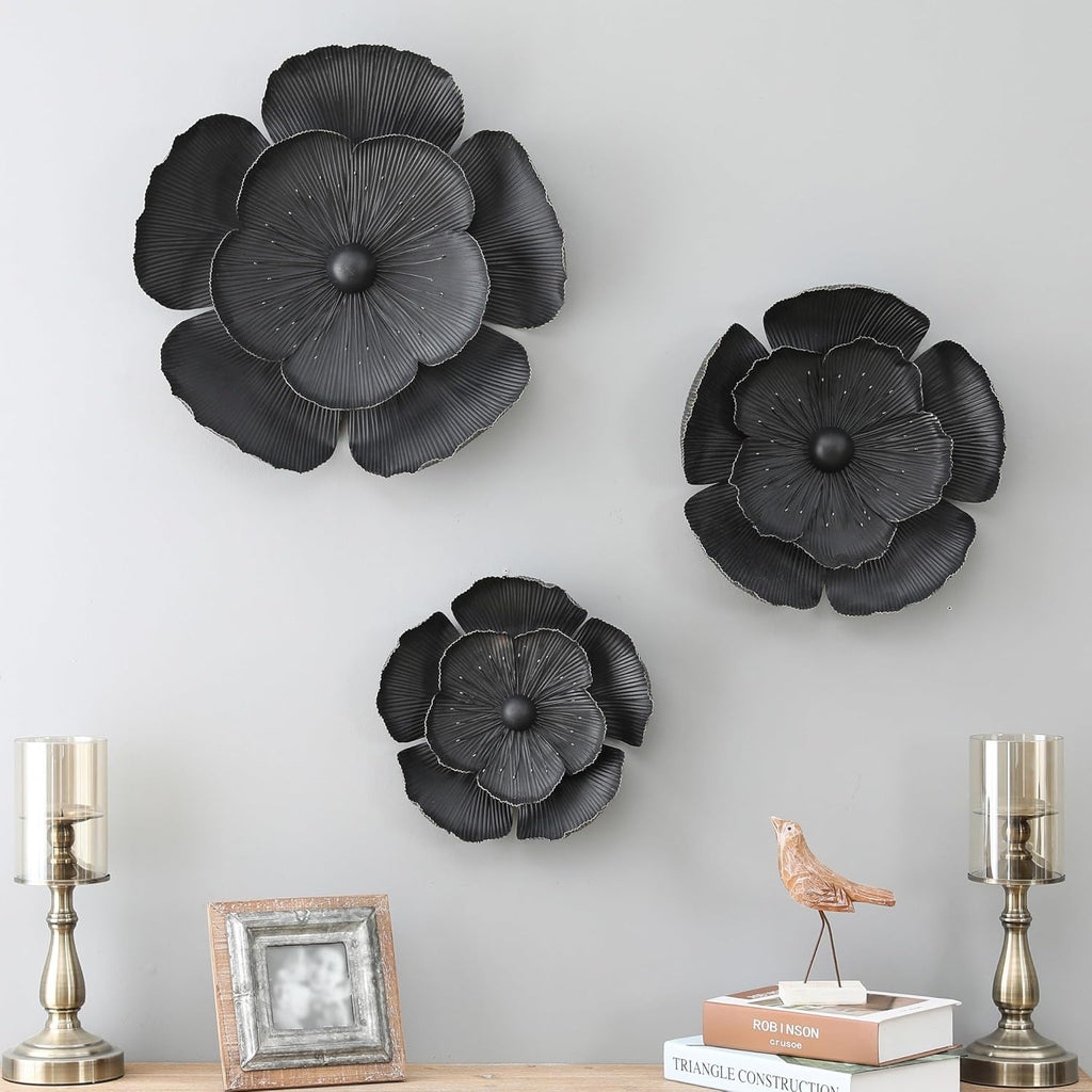 Handmade 3D Metal Flowers Wall Decor Metal Wall Hanging Sculptures Home Decor Floral Art Dark Gray - Set of 3