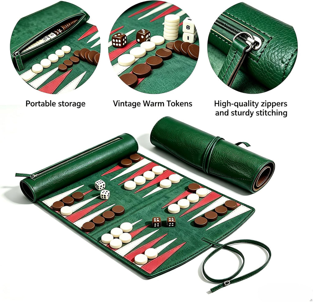Travel Backgammon Set for Adults,Roll-up Game w/Camping Backpacking Trips