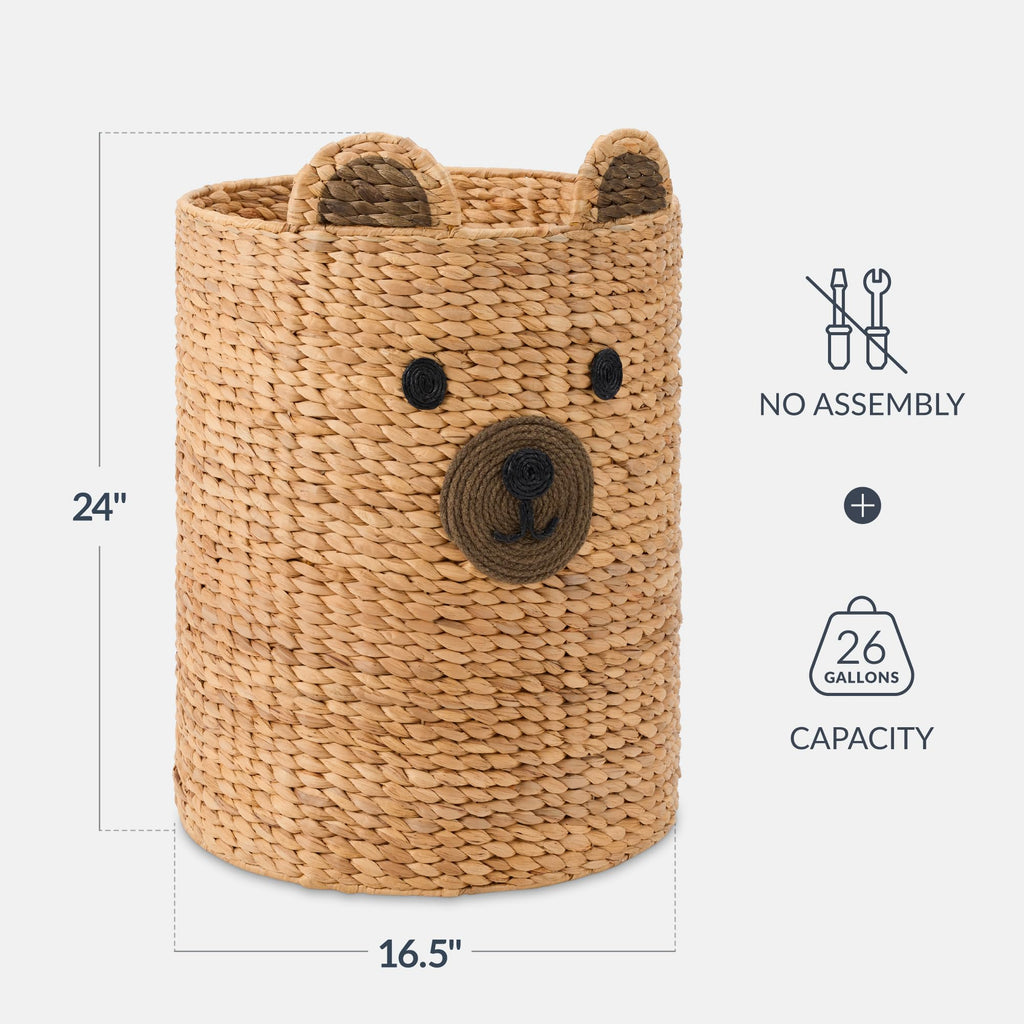 Kids Large Bear Laundry Hamper, Handwoven Water Hyacinth Laundry Basket, Nursery & Kids' Room Storage Basket For