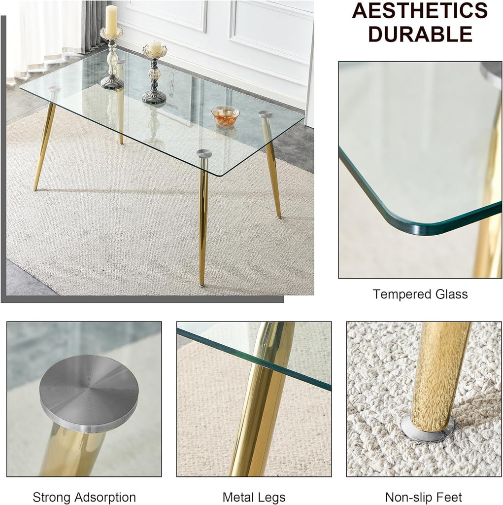 Glass Dining Table for 4 with 63 inch Clear Rectangular Glass Top, 0.31" Modern Tempered Glass Kitchen Table