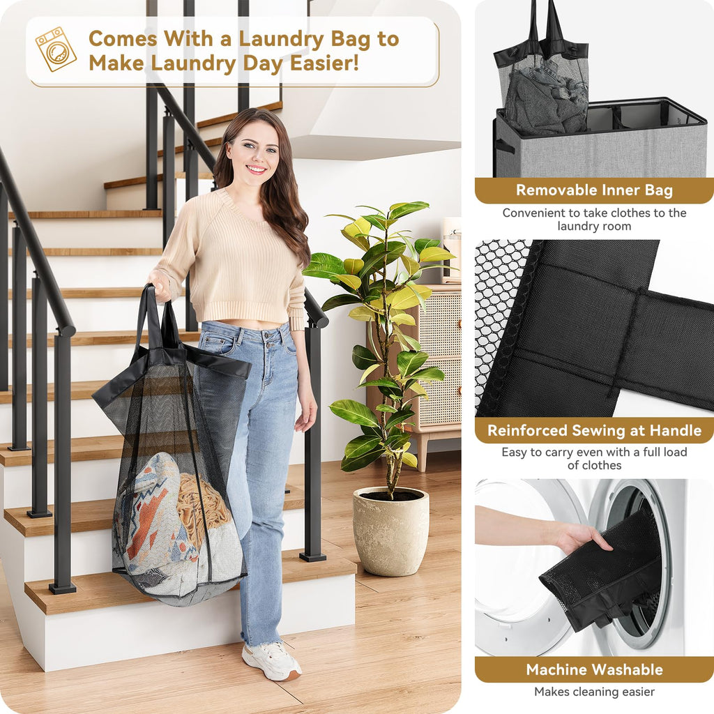 160L Laundry Hamper 3 Section, Extra Large Laundry Hamper with Lid, Dirty Clothes Hamper with Sturdy Handle, Large
