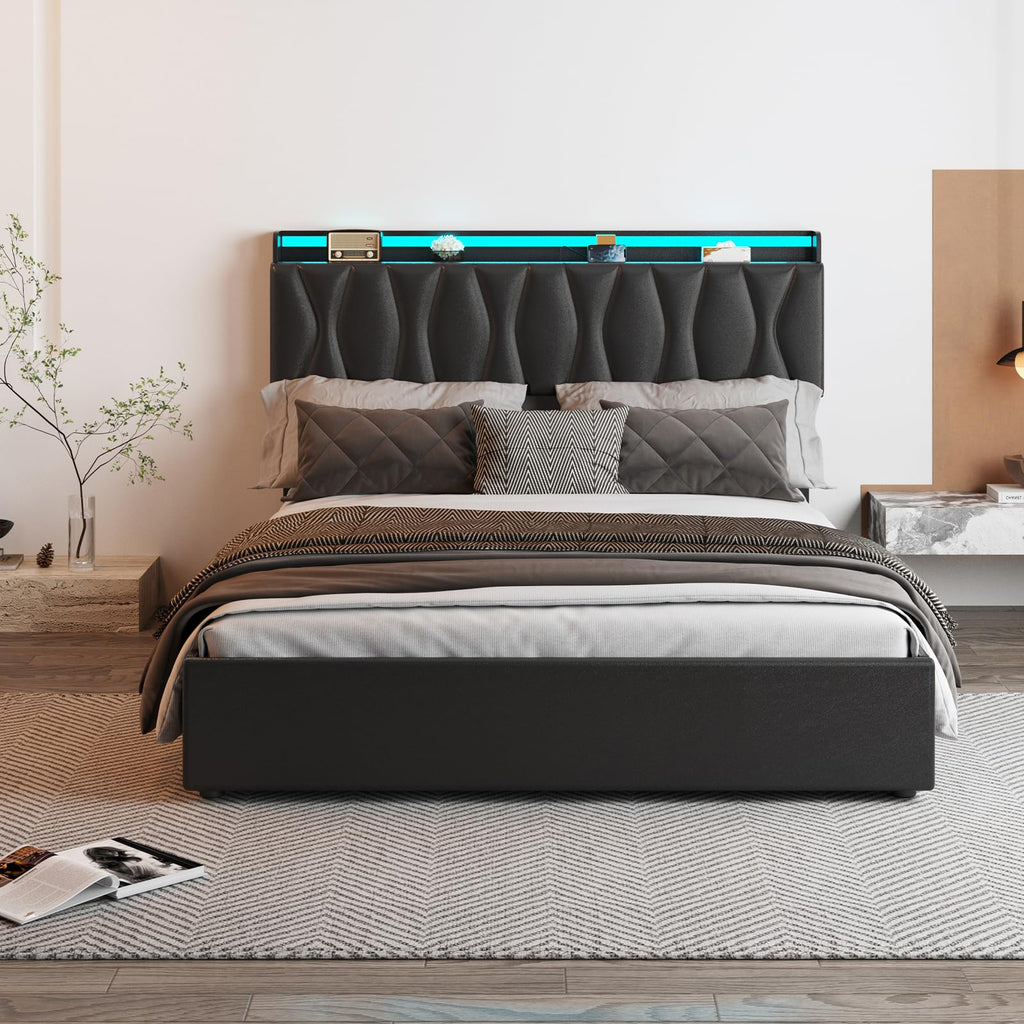 Queen Size Lift Up Storage Bed Frame with Adjustable Headboard, Charging Station, LED Lights, Wood Slats, Noise-Free
