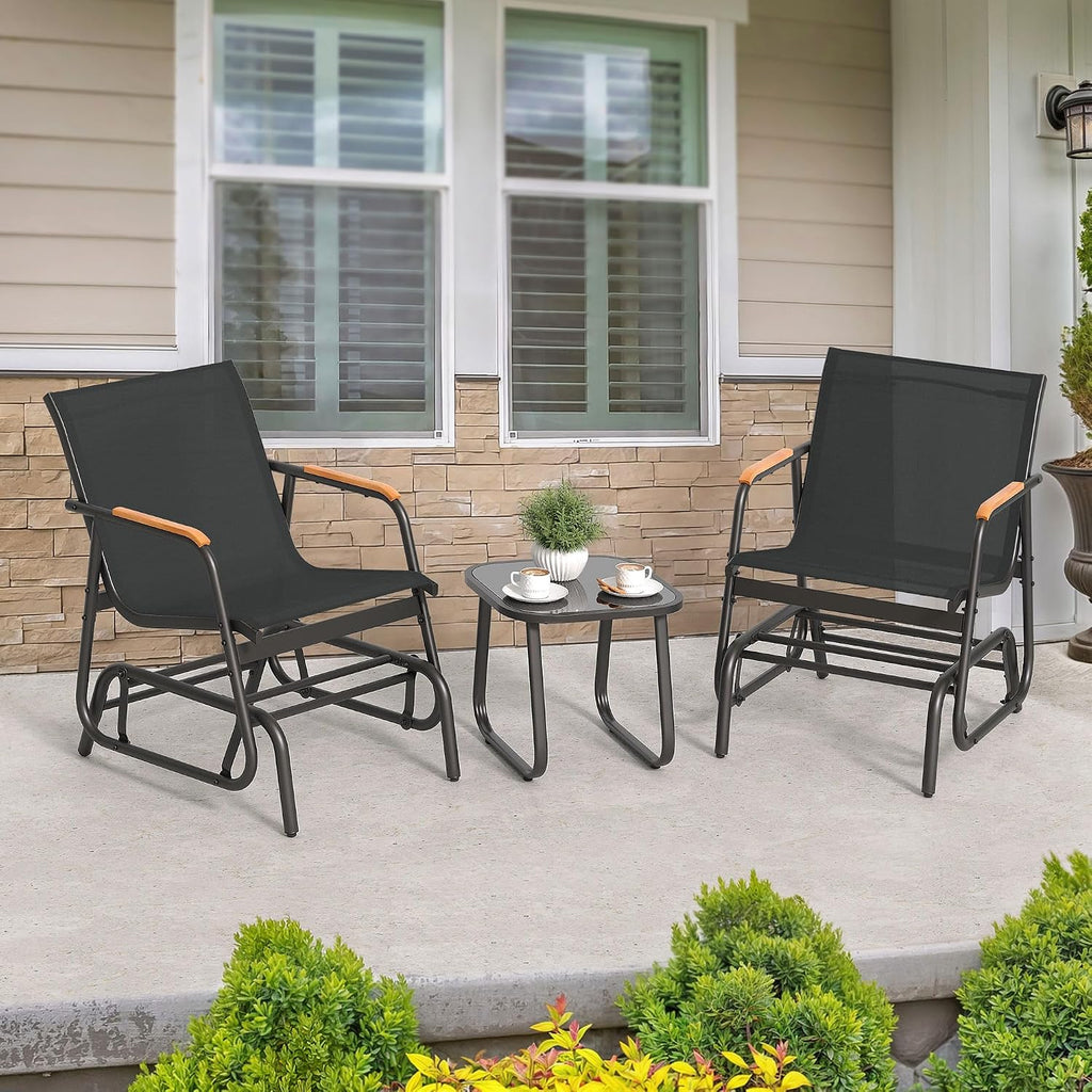 3 Piece Patio Glider Set Textilene Gliders Outdoor Furniture Black | Heavy-duty Patio Glider Set w/Breathable Fabric