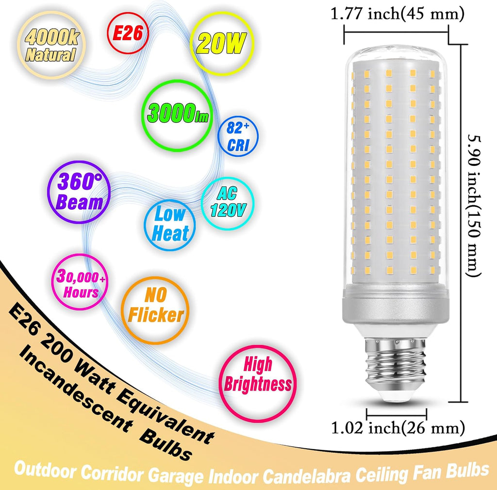 E26 20W LED Corn Bulbs 3000lm 200W Equivalent 4000K Natural White, 2 Pack