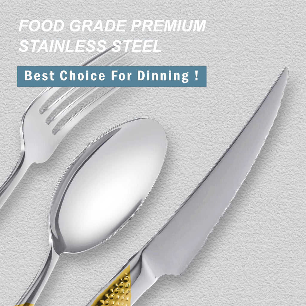 Hammered Gold Silver Stainless Steel 20-Piece Modern Flatware Set