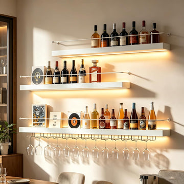 39IN Wall Mounted Wine Rack with LED Lights(White) | 3 tier industrial-style metal bottle rack glass holder hanging