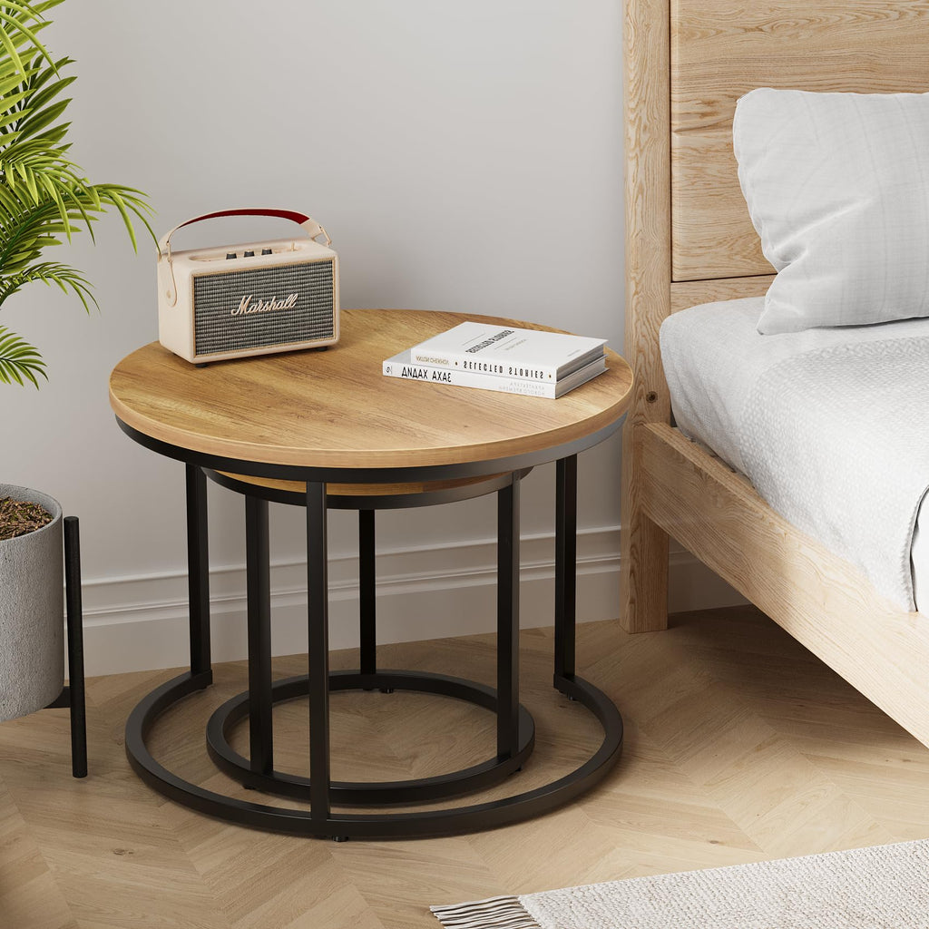 Nesting Coffee Set of 2, 23.6" Round Coffee Brown Wood with Adjustable Non-Slip Feet, Industrial End Side Tables