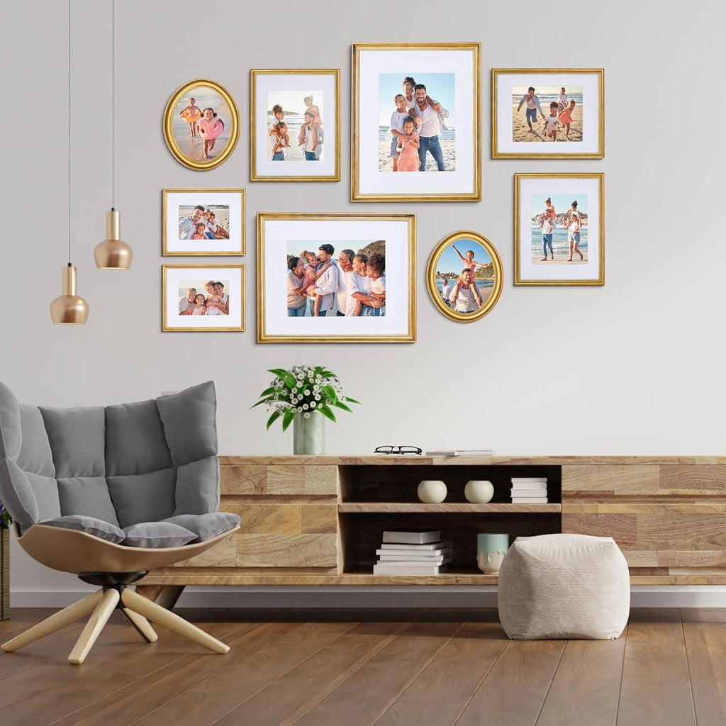 Mixed Gallery Wall Frame Set, (2) 16x20 Inch, (1) 11x14 Inch, and (2) 8x10 Inch, 9 Piece, Brass