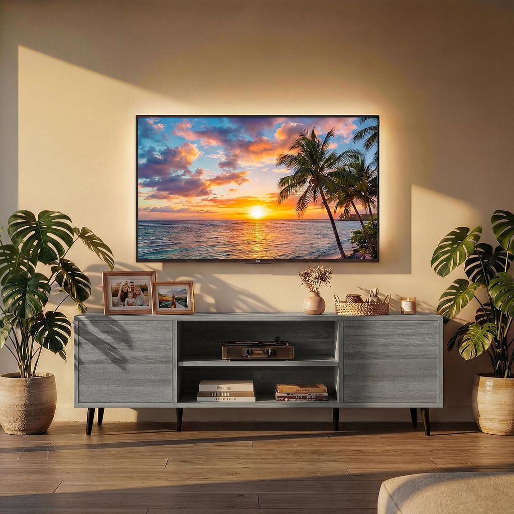 58 Inch Mid-Century Modern TV Stand with Storage, Gray