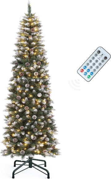 Prelit Green Pencil Christmas Tree w/Remote & Pinecone Decor