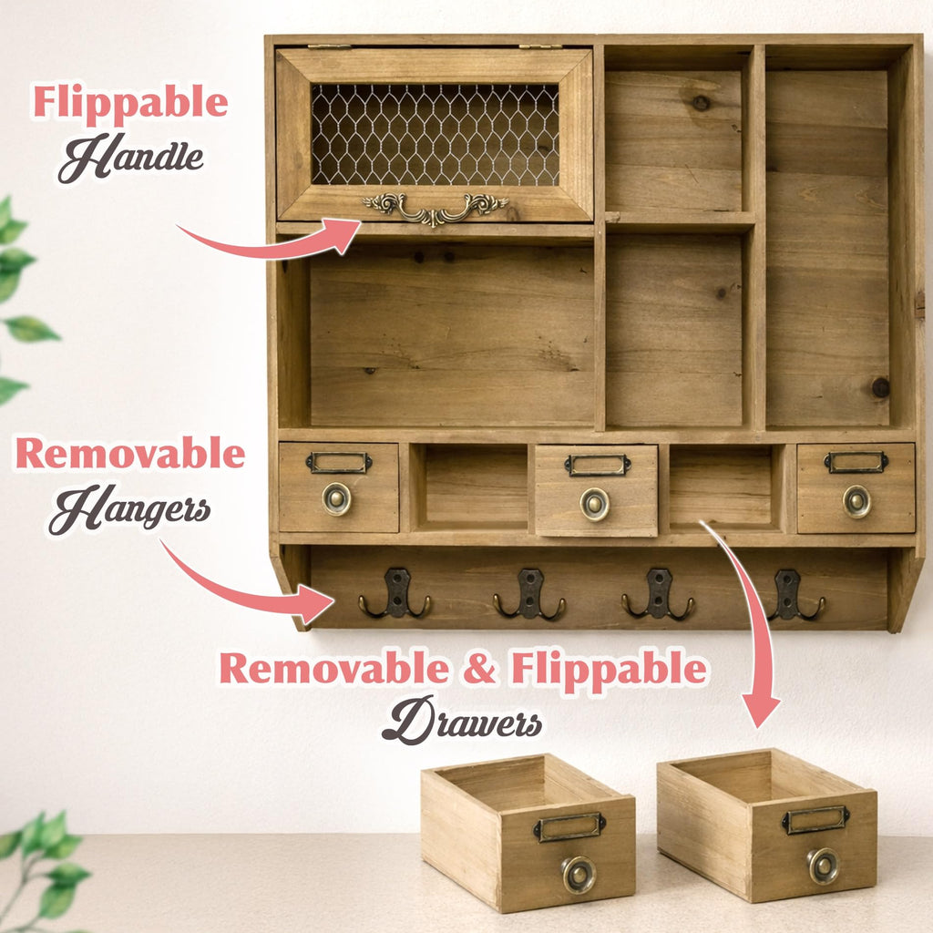 Farmhouse Medicine Cabinet Organizer - Rustic Chicken Wire Wall Shelf with Hooks | Apothecary Shelf & Bathroom Wall