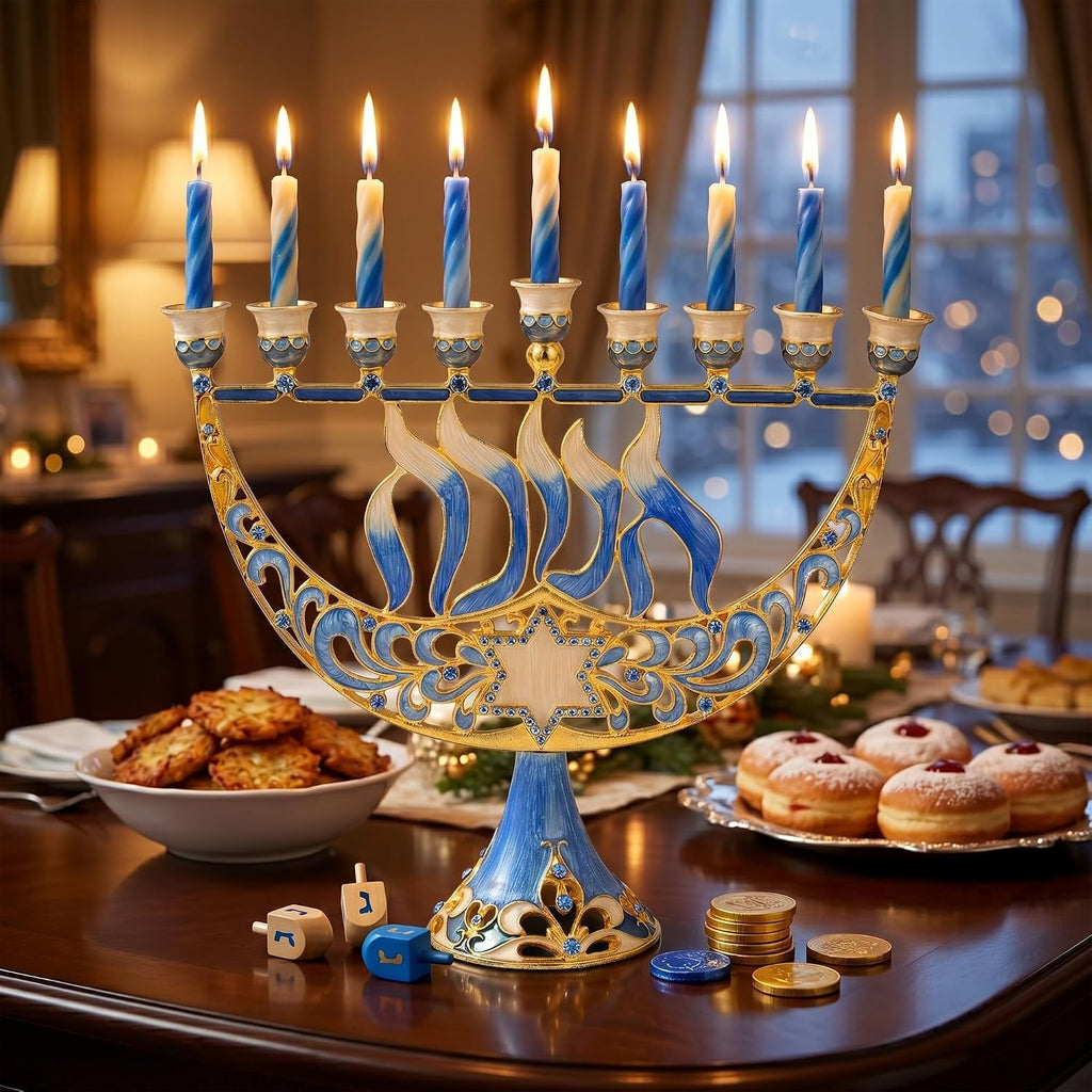 Hand Painted Enamel Candelabra with Star of David and Hanukkah Design and Embellished with Gold Accents and Crystals