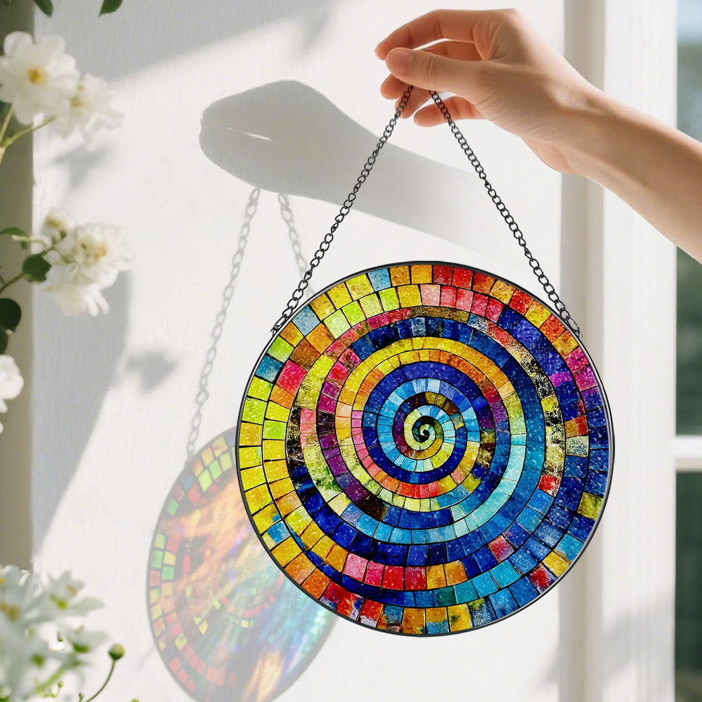 Stained Glass Window Hanging, 8 Inch Rainbow Spiral Stained Glass Suncatcher, Window Decor, Gifts for Art Lovers