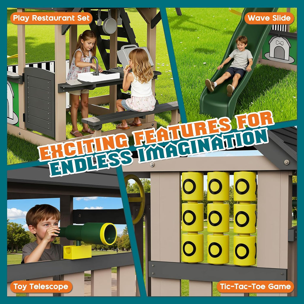 Wooden Swing Set for Kids, Outdoor Playset with Playhouse | 11-in-1 Backyard Playground, Wave Slide, 2 Swings