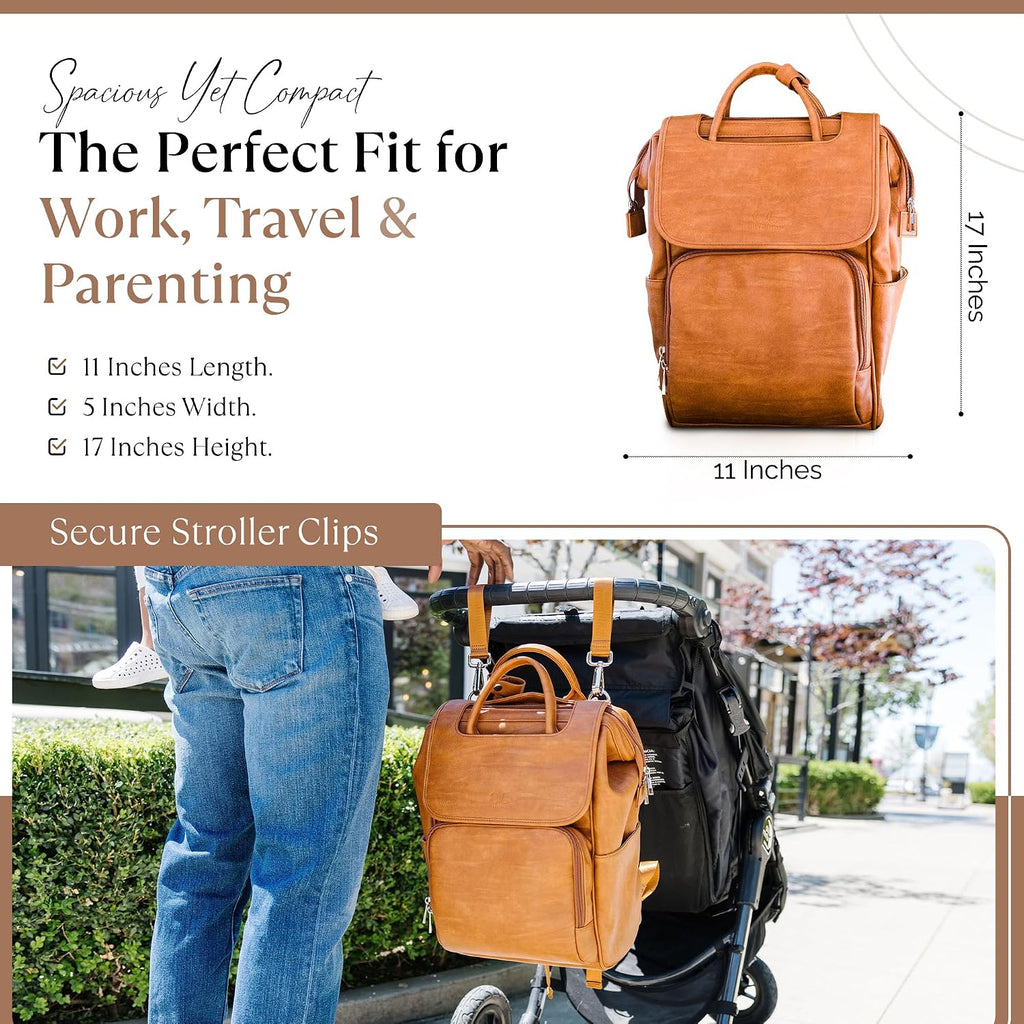 Collective Explorer Brown Diaper Bag Backpack - Vegan Leather Diaper Bag with Shoulder Strap, Insulated Bottle