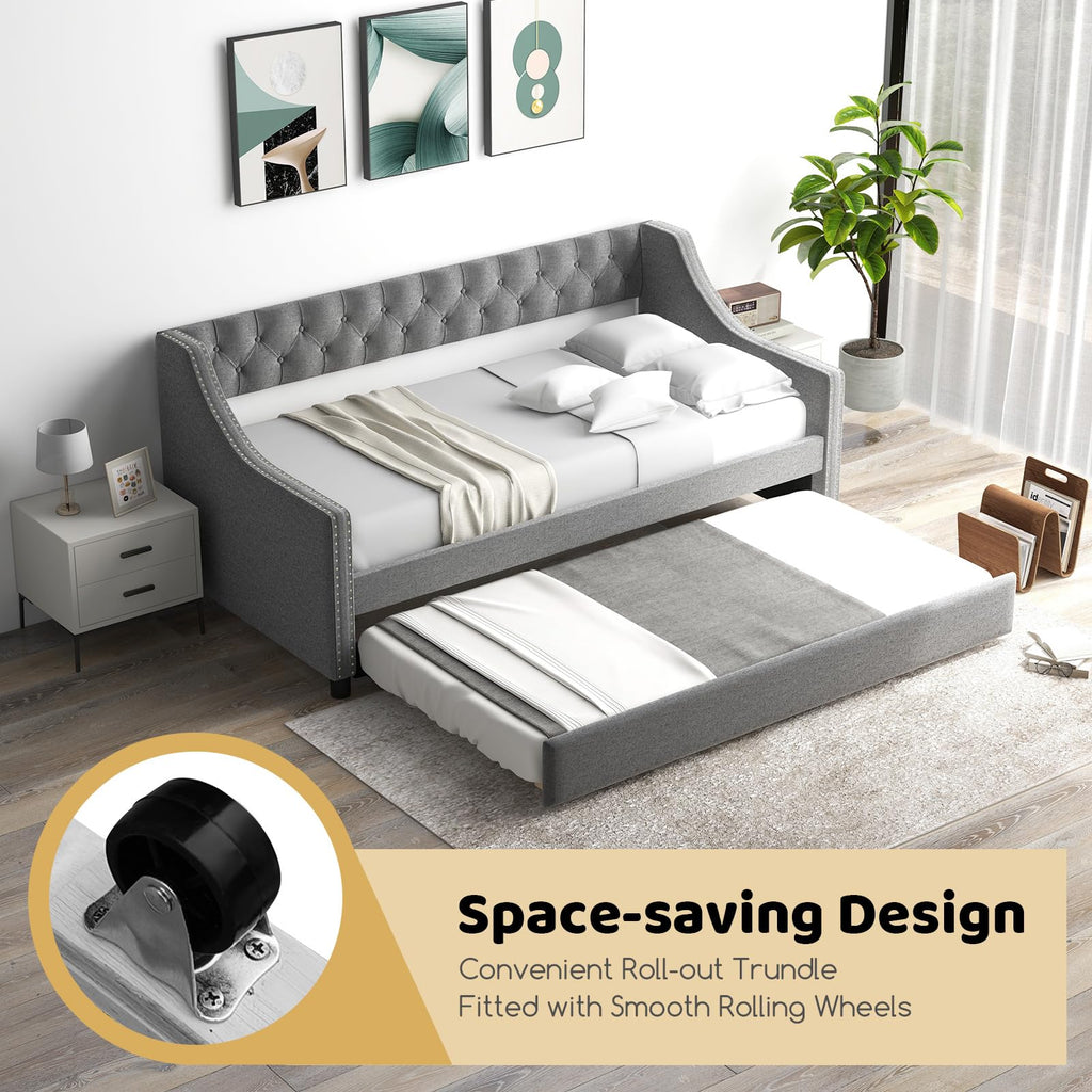 Upholstered Twin Daybed with Trundle, Modern Trundle Bed with Button Tufted Backrest and Wooden Slat Support, Twin