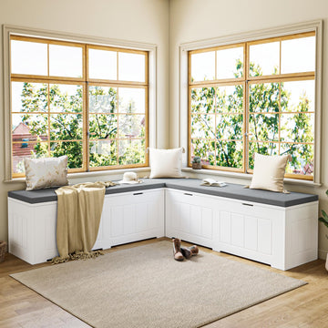 L Shape Corner Bench with Storage, Breakfast Nook Bench, Flip-Top Shoe Storage Benches with Cushion, White & Grey