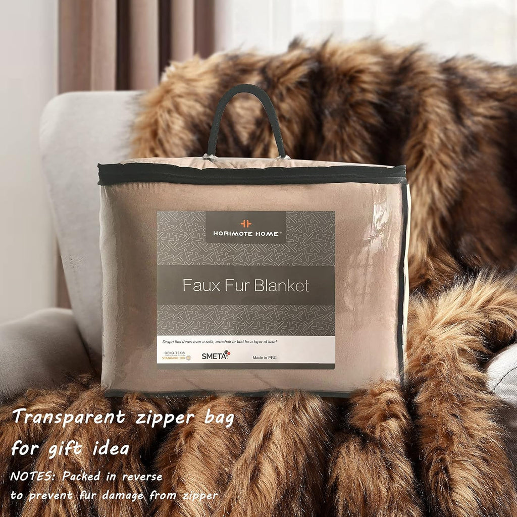Luxury Plush Faux Fur Throw Blanket, Long Pile Brown with Black Tipped Blanket, Super Warm, Fuzzy, Elegant, Fluffy