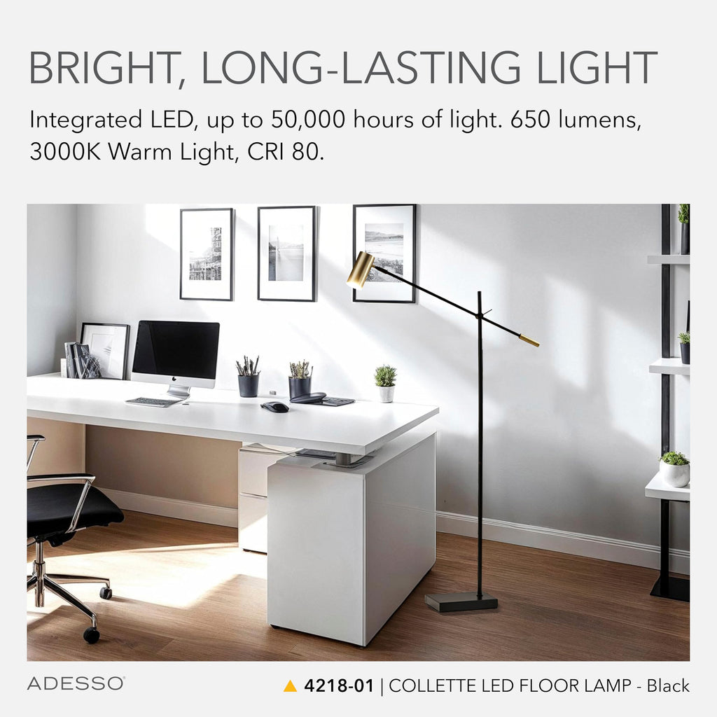 LED Floor Lamp, Black & Antique Brass, Adjustable Height, 63"