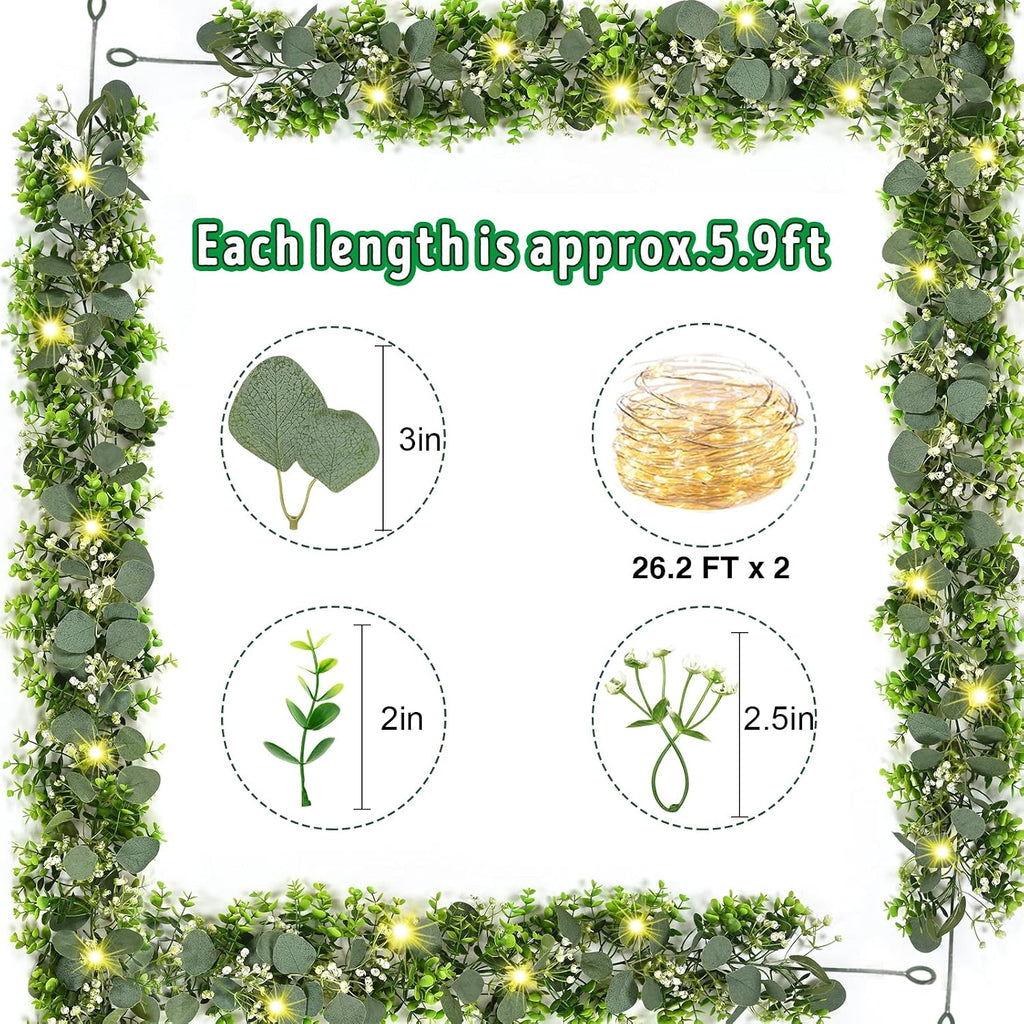 Eucalyptus Garland with Lights, Greenery Garland, Green Garland with Flowers, 5.9FT Artificial Faux Eucalyptus - Set of 4