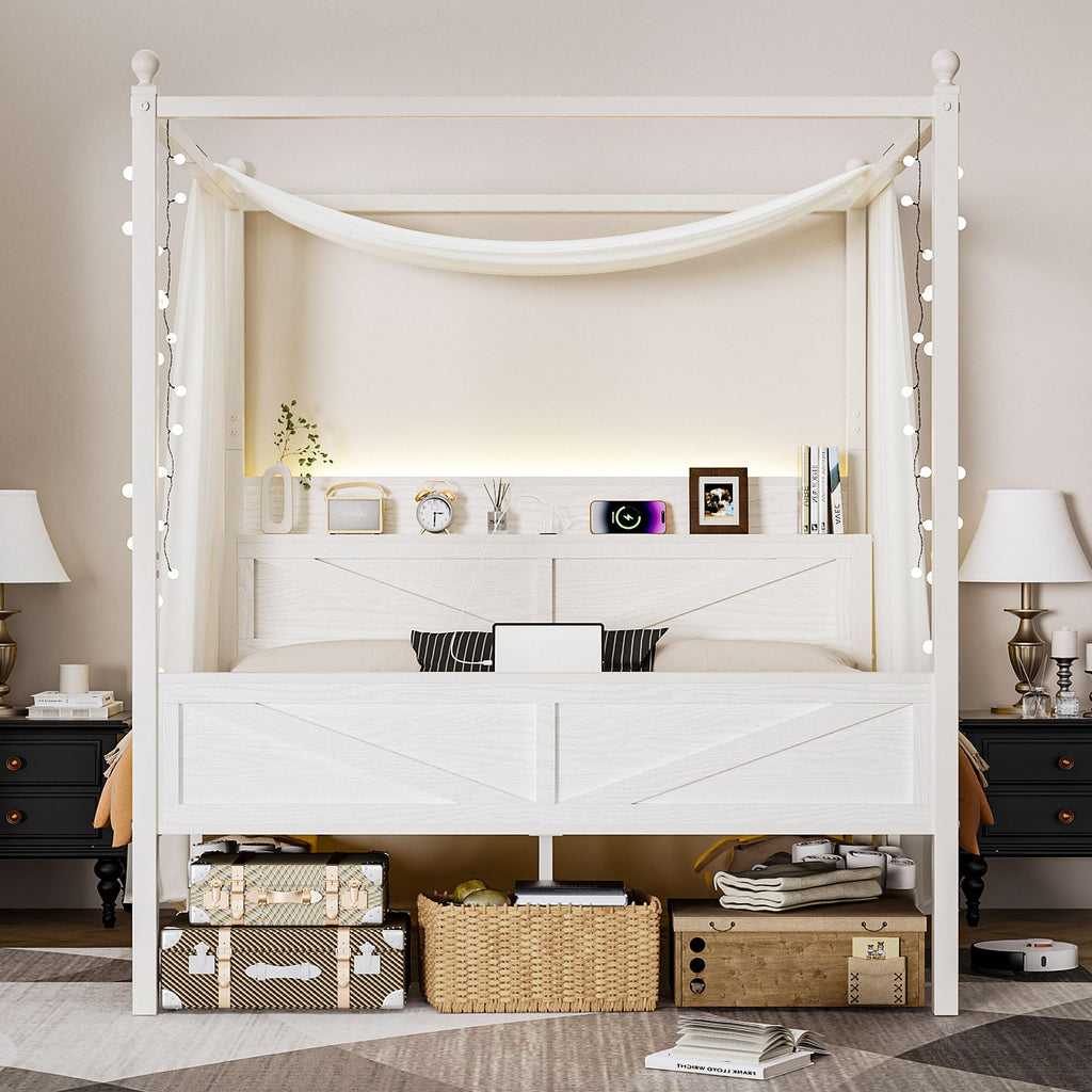 Canopy Bed Frame with Barn Storage Headboard, Beige