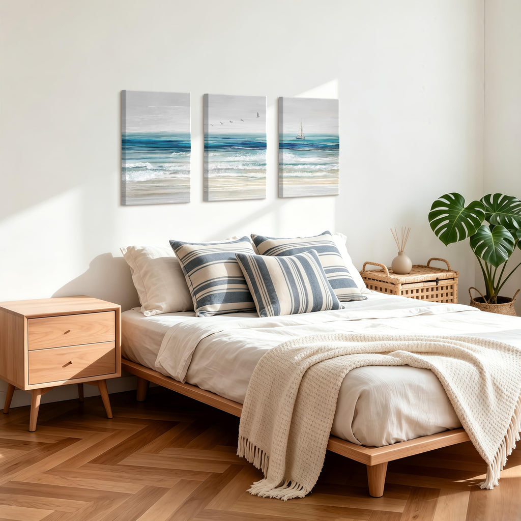 3Pcs Abstract Blue Beach Ocean Canvas Wall Art Paintings 16"x24"