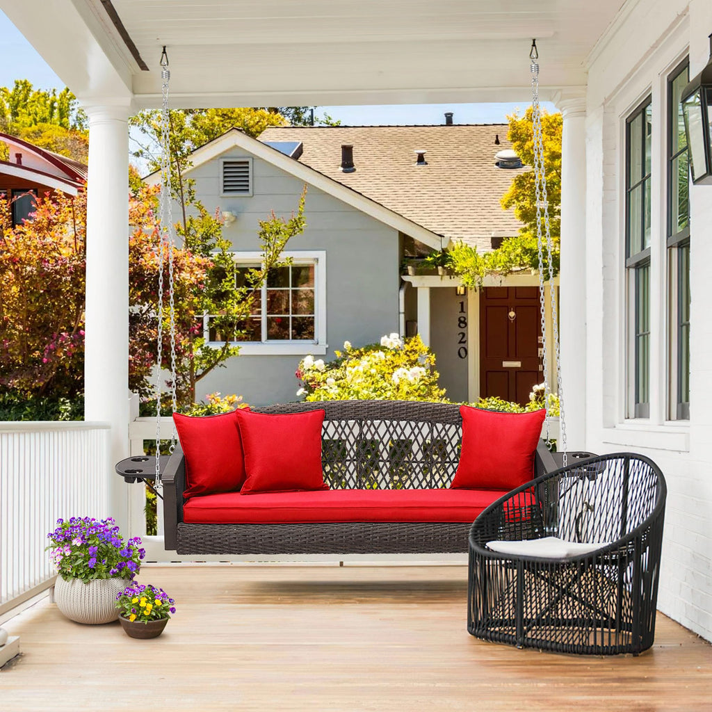 3 Seat Hanging Porch Swing with Cup Holder, Wicker Patio Swing Chair
