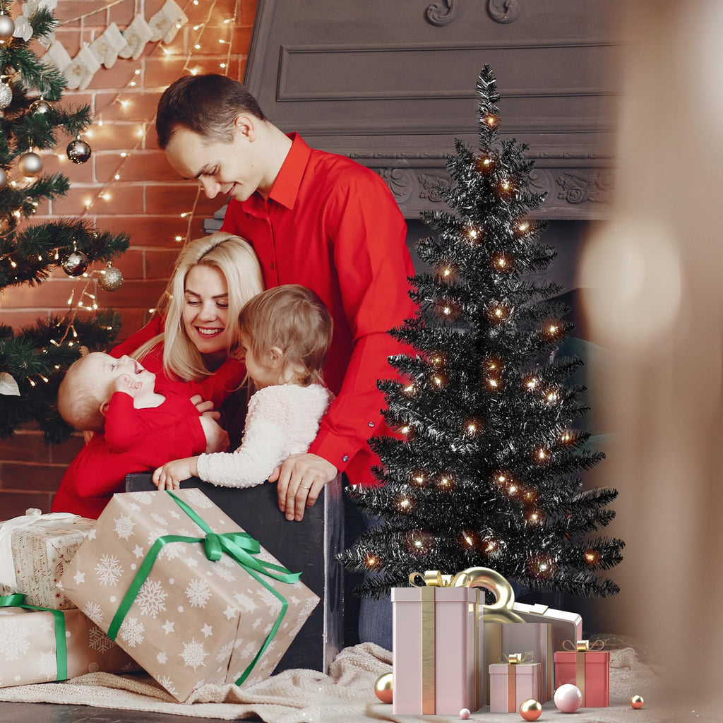 4ft Artificial Full Black Christmas Tree with Separate Lights, Not Pre-lit Mini Black Tinsel Pine Christmas Tree, 50