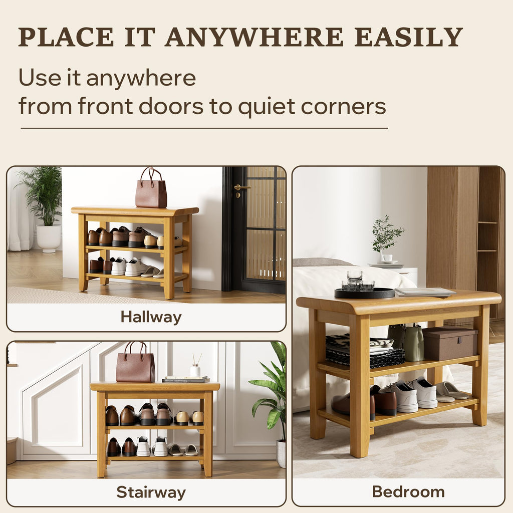 Shoe Rack Bench Mid Century Modern 2-Tier Shoe Rack Organizer Hallway or Living Room Farmhouse Rustic Wooden Seat