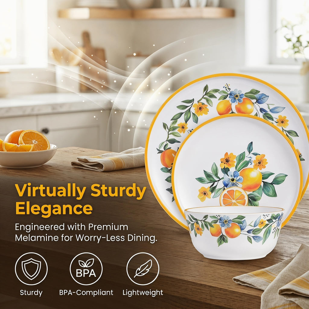 Lemon Dinnerware Set for 4, 12-Piece Melamine Plates and Deep Bowls