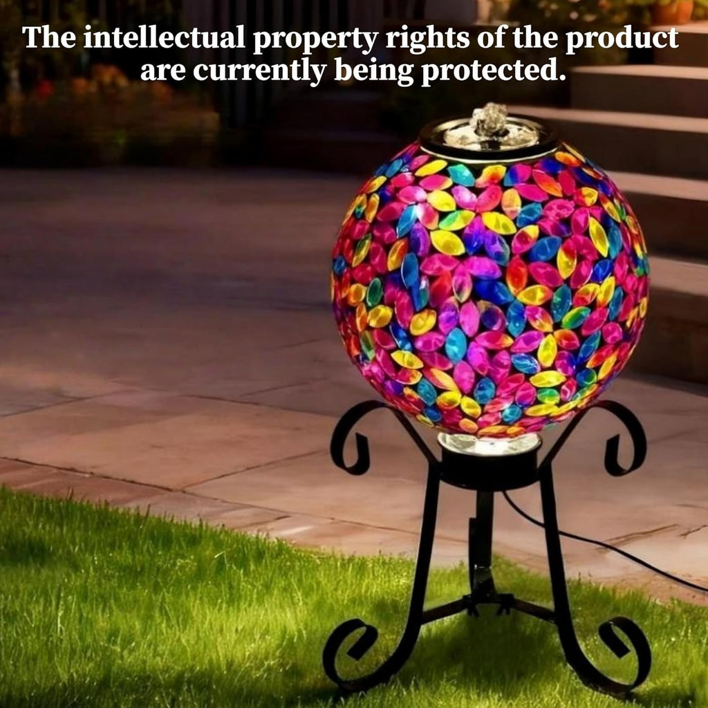 Mosaic Glass Fountain, Floor-Standing Lighted Water Feature with Quiet Pump, Decorative Accent Lighting Garden