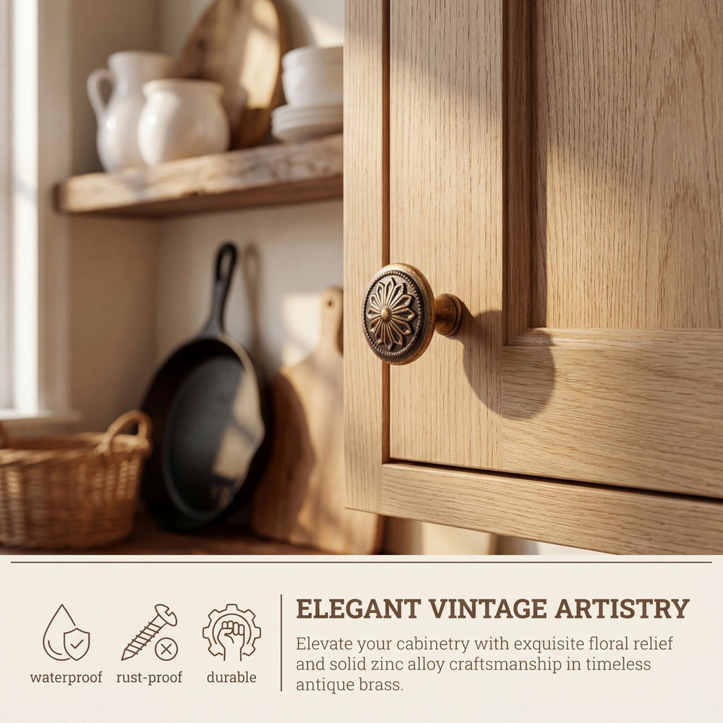 Antique Brass Cabinet Knobs 10 Pack,Heavy Duty Solid Zinc Alloy Vintage Cabinet knobs,1-2/5"Dia Round Kitchen Cabinet