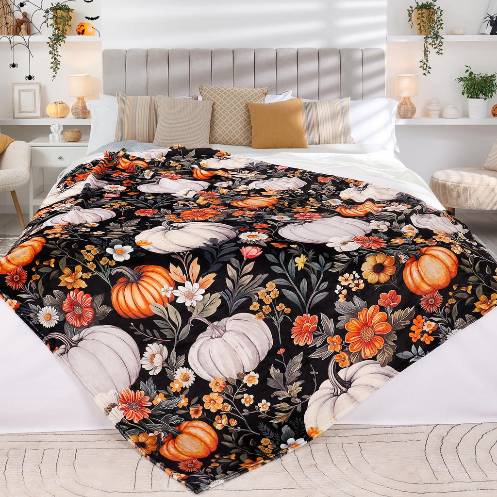 Fall Pumpkin Blanket Soft Autumn Harvest Throw Blankets Vintage Floral Throw Watercolor Flannel Fleece Bed Cover Warm