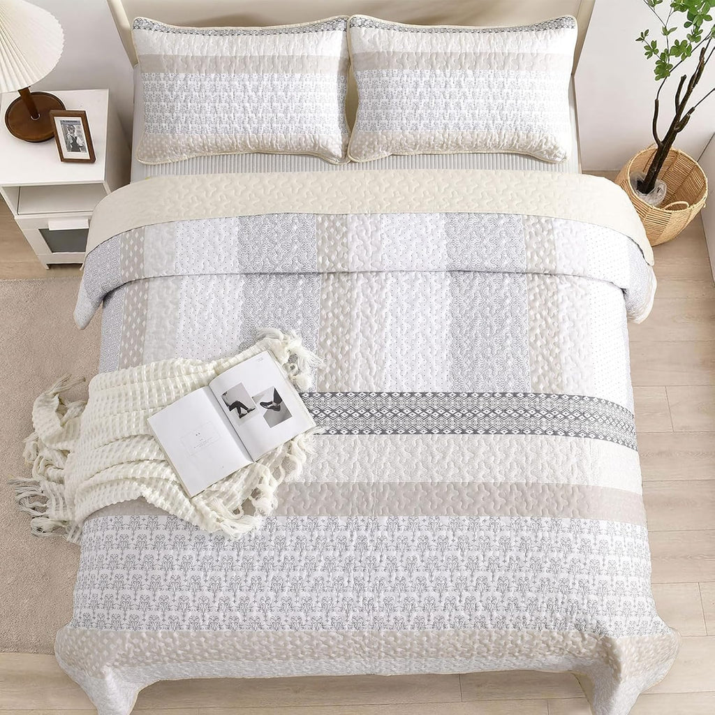 Beige Quilt King, Bohemian Stripe Quilt Sets 3 Pieces Boho Quilted Bedspread Set Lightweight Microfiber Coverlet