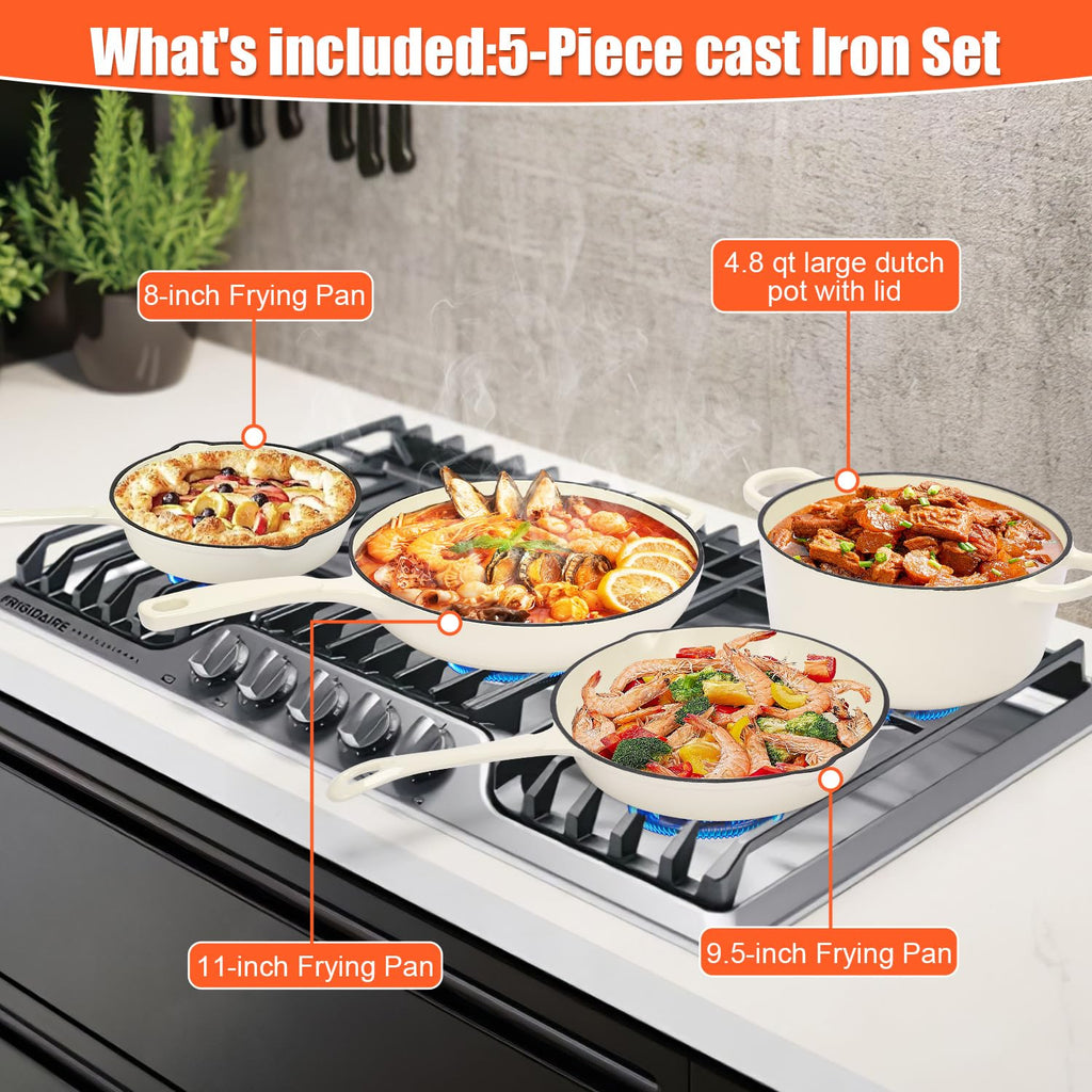 Nonstick Enameled Cast Iron Cookware Set- 3 Frying Pan and 1Piece Pots with Lid, Skillet, Heavy Duty Cookware, Dutch