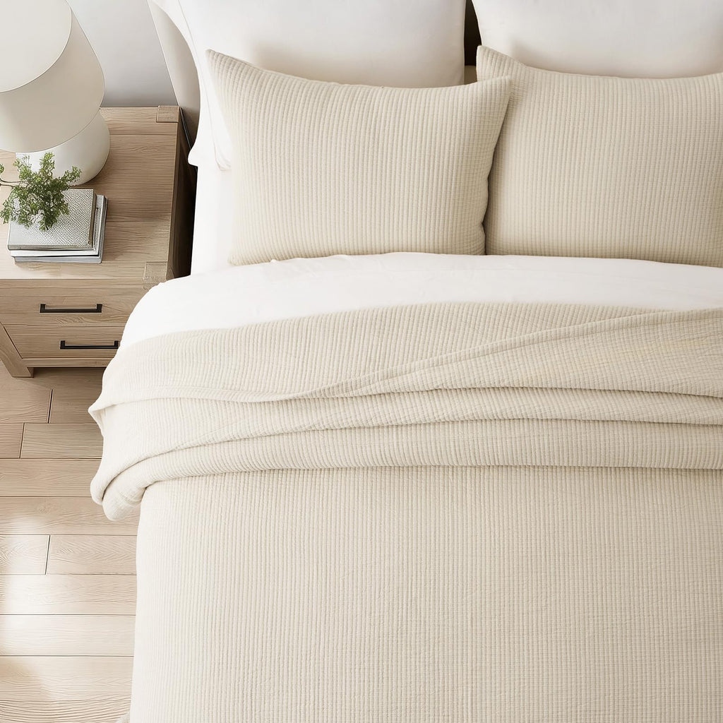 Cotton Gauze Matelassé Coverlet Set, Soft Oat