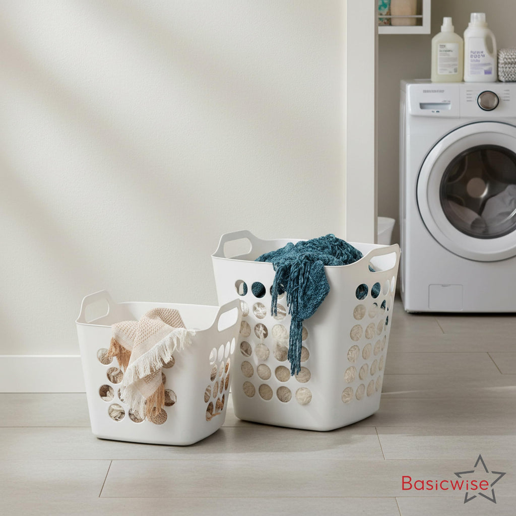 Set of 2 Plastic Laundry Baskets with Handles Large & Small Ventilated Hampers for Clothes Storage & Organization