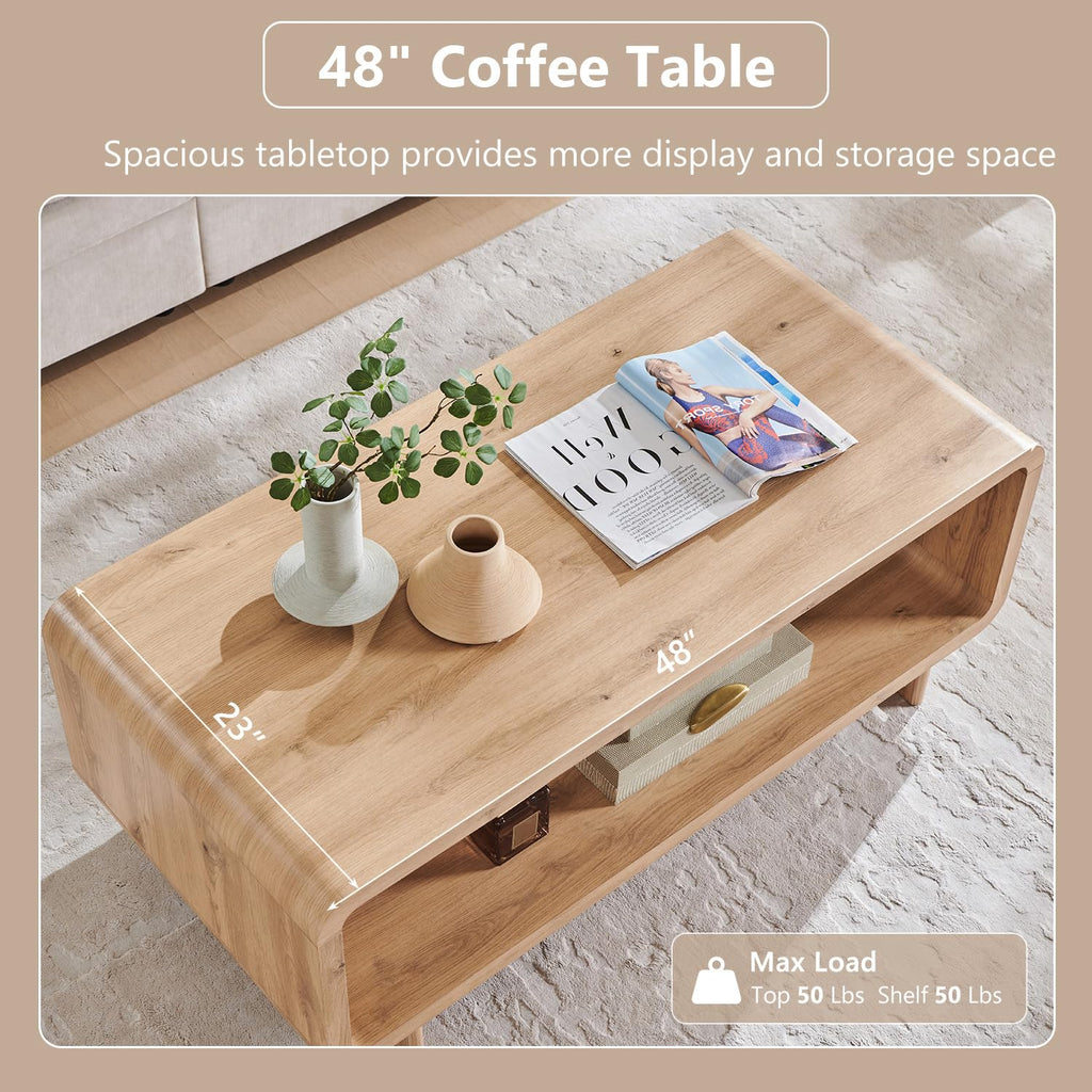48" Modern Coffee Table, 2-Tier Curved Center Table, Natural Oak