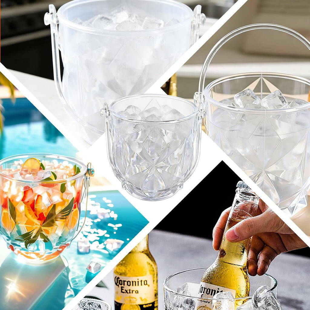 Crystal Ice Bucket with Handle & Tongs-1.1 L Plastic Clear Champagne Ice Buckets for Parties, Beer, Wine, Drinks - Set of 2